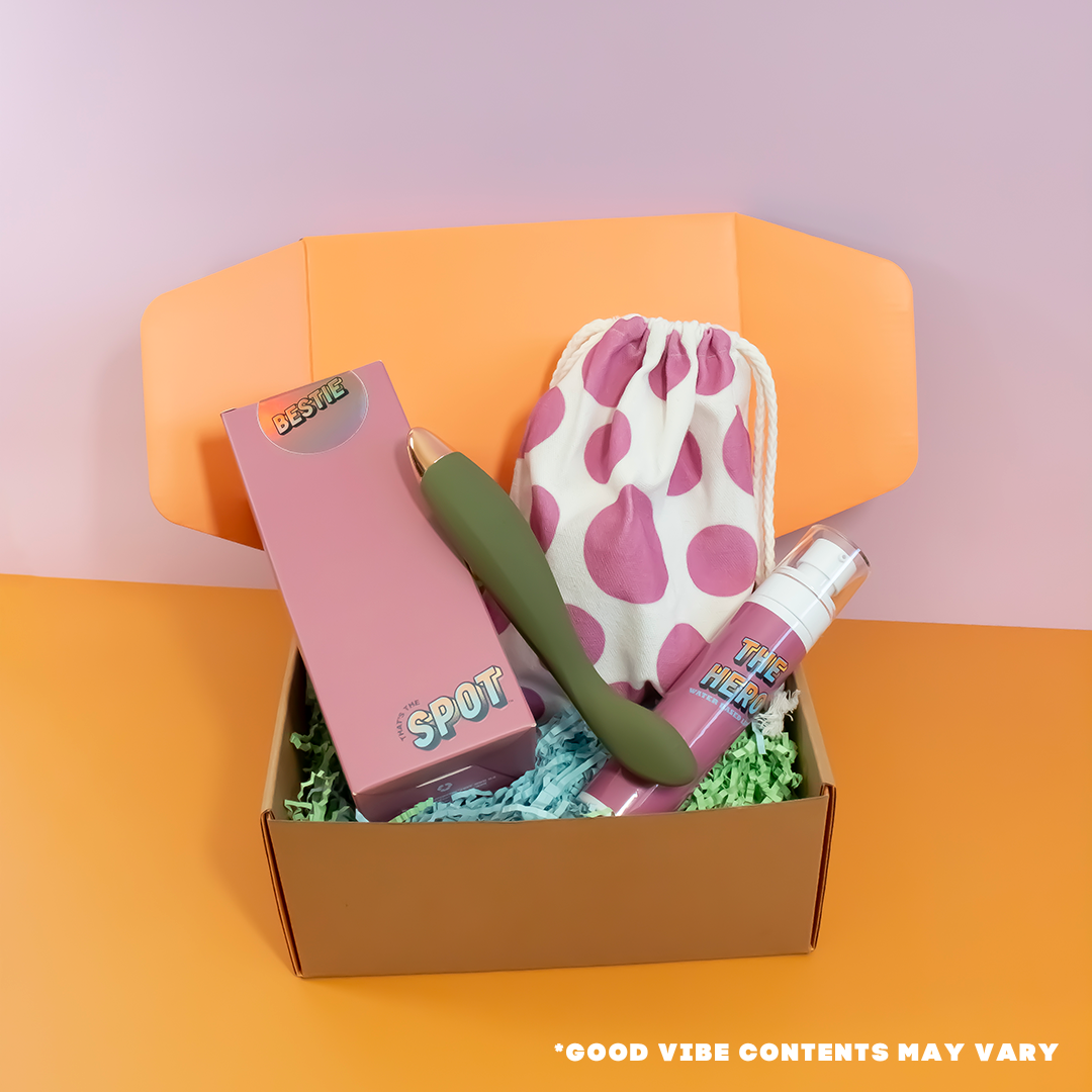 Sex toy subscription box with lubricant and vibrator.