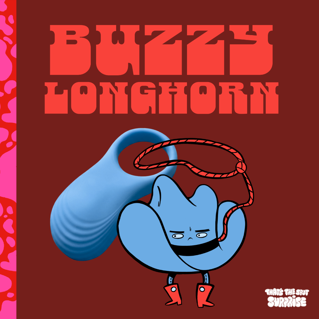 Buzzy Longhorn, a cowboy character and blue vibrating couples ring from That's The Spot Surprise blind box.