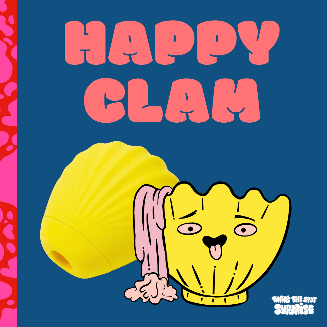Happy Clam, shell character and yellow suction sex toy from That's The Spot Surprise blind box.