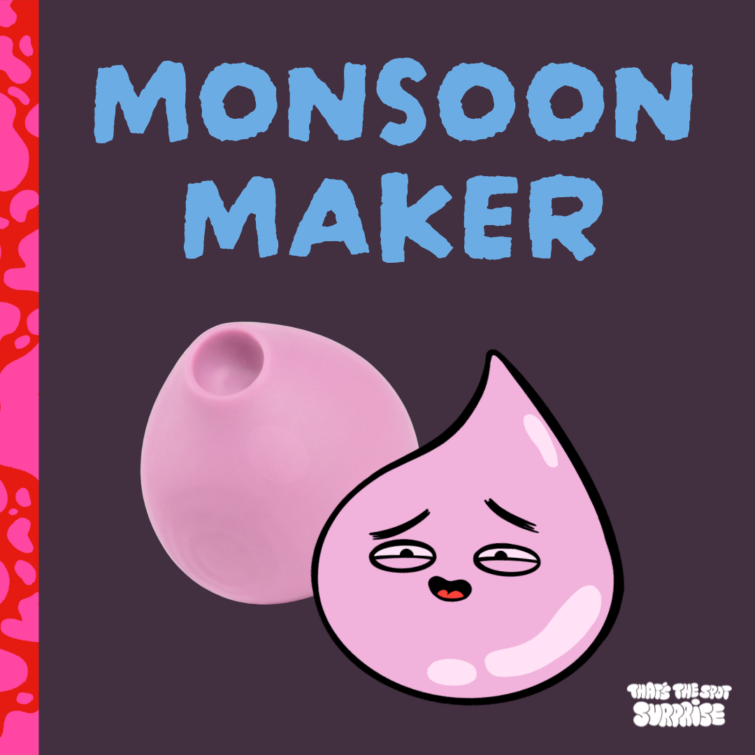 Monsoon Maker, raindrop character and light pink mini air-pulse sex toy from That's The Spot Surprise blind box.