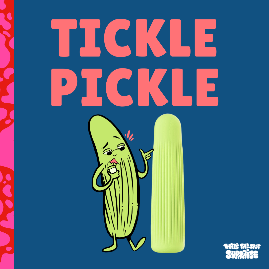 Tickle Pickle, a green pickle character and green bullet vibrator from That's The Spot Surprise blind box.