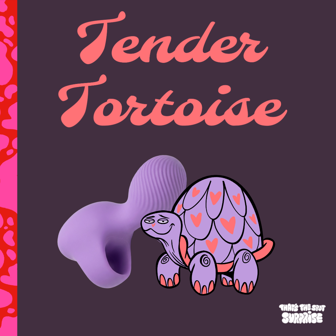 Tender Tortoise, a purple turtle character and purple mini-finger vibrator from That's The Spot Surprise blind box.