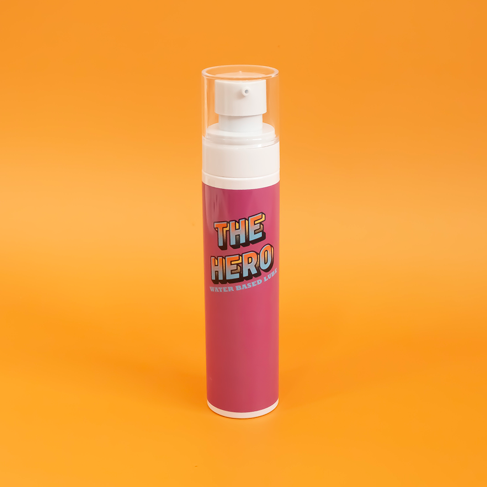 Pink bottle of water based personal lubricant.