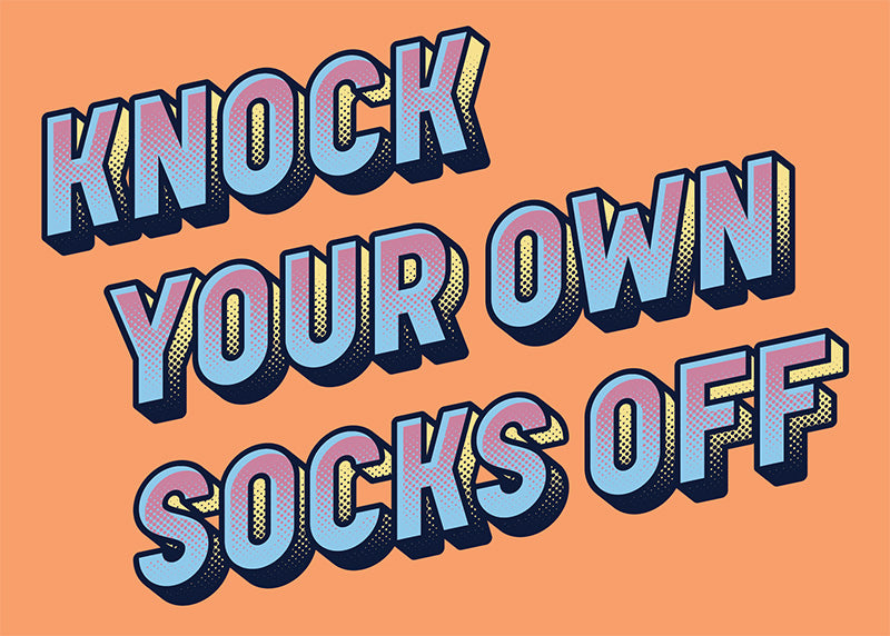 An orange gift card that reads "knock your own socks off"